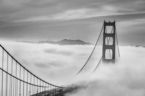 мост, небо, туман, машины, опоры, серые, белые