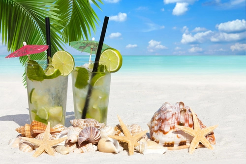 коктейль, пляж, мохито, пальма, листья, белые, голубые, зеленые