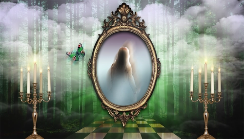 Алиса в стране чудес, сказка, детские, лес, девочка, Алиса, дремучий лес, зеркало, подсвечник, бабочка, туман, зеленый, коричневый