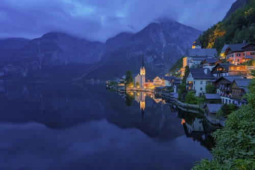 Австрия, горы, озеро, дома, церковь Халльштатт, синие, голубые