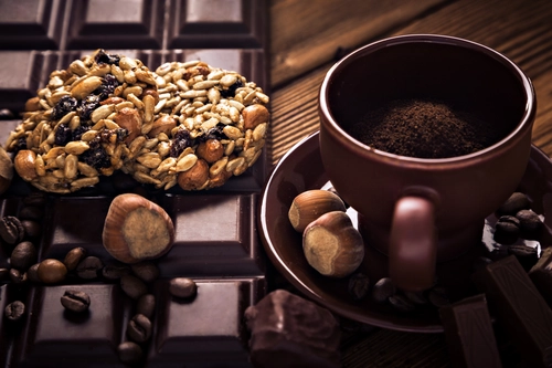 шоколад, орехи, кофе, чашка, коричневые, черные, печенье