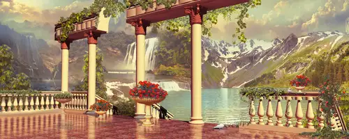 панорама, водопад, водопады, арка, арки, терраса, зеленый, голубой, бежевый, колонны, колонна, горы, деревья, цветы, коричневый, коричневые