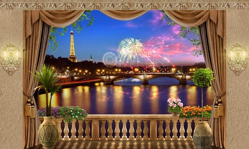 париж, балкон, эйфелева башня, ночь, салют, мост, река, цветы, синие, коричневые