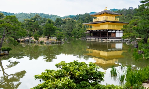 природа, парк, япония, пагода, желтые, озеро, отражение, зеленые