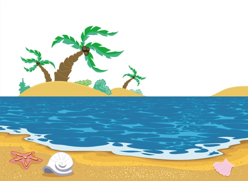 детские, остров, необитаемый остров, пальмы, пляж, море, ракушка, морская звезда, песок, голубой, желтый, белый