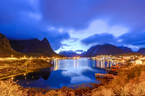 норвегия, острова, залив, фьорд, синие, желтые
