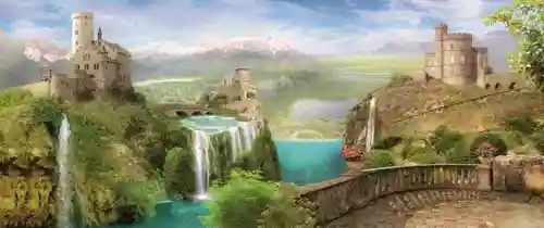 замок, водопад, водопады, озеро, балкон, терраса, горы, небо, деревья, цветы, панорама, зеленый, голубой, бежевый, коричневый, зеленые, голубые, бежевые, коричневые