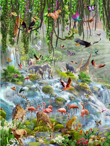 детские, животные, птицы, жираф, зебра, тигр, фламинго, змея, лианы, трава, вода, зеленый, желтый, черный, зеленые, желтые, сафари, черные