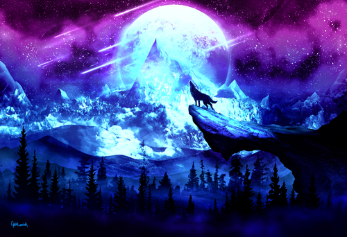луна, волк, космос, илюстрация, лес, чёрные, синие, фиолетовые