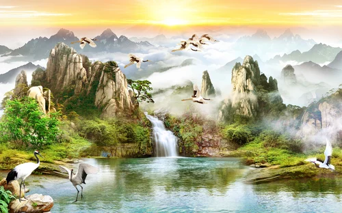 китайский пейзаж, журавли, горы, водопад, озеро, солнце
