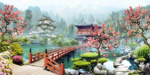 пагода, япония, сад, река, мост, сакура, розовые, зеленые, красные, HD