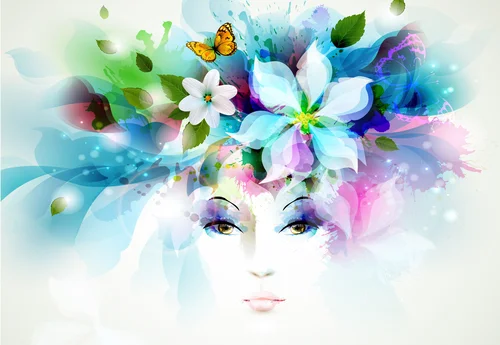 девушка, лицо, цветы, бабочки, листья, белые, голубые, розовые