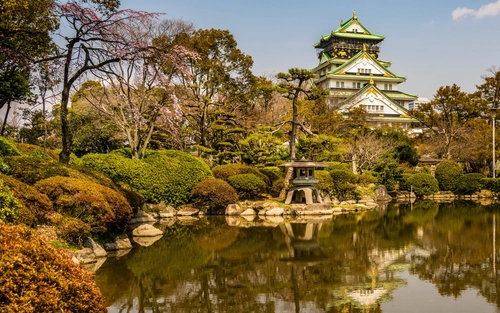 пагода, япония, озеро, отражение, природа, зеленые, белые