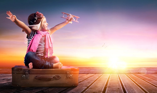 дети, чемодан, самолет, закат, путешествие, желтые, розовые