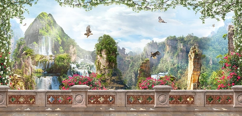 горы, гора, скалы, скала, орел, птицы, вода, водопад, балкон, цветы, голубые, зеленые, бежевые