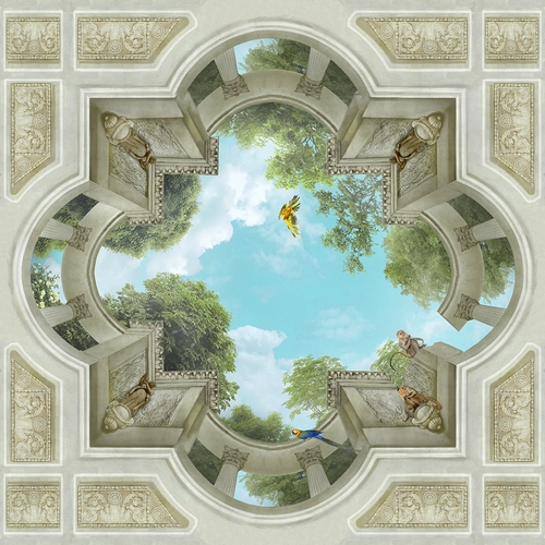 орнамент, узор, потолок, небо, потолочные, животные, обезьяна, статуя, попугай, деревья, зелень, бежевые, зеленые, голубые