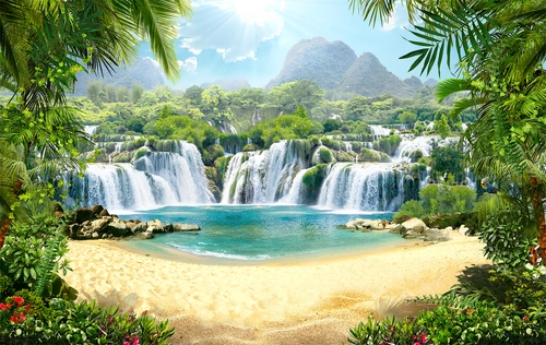тропики, водопад, водоём, деревья, пальмы, небо, камни, песок, голубые, зелёные, бежевые