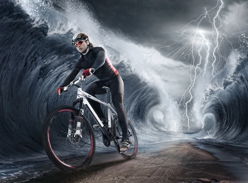 парень, велосипед, спорт, велосипедист, дорога, прогулка, молния, вода, серые