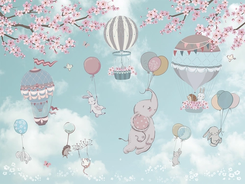 слоны, зайцы, воздушные шары, HD, детские, животные, зеленые, синие, серые, розовые, коричневые
