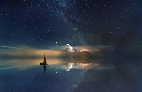 океан, звездное небо, млечный путь, парусная лодка, лодка, парус, вода, море, небо, звезды, синие, вечер