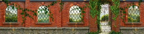 кирпичная стена, калитка, окна, плющ, красные, зелёные