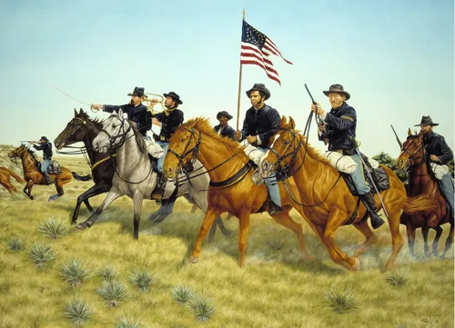 лошади, всадники, кавалерия, поле, коричневые, зеленые, голубые, картина