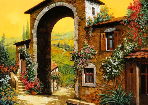 дом, арка, поле, деревья, окна, цветы, ступеньки, лестница, желтые, коричневые