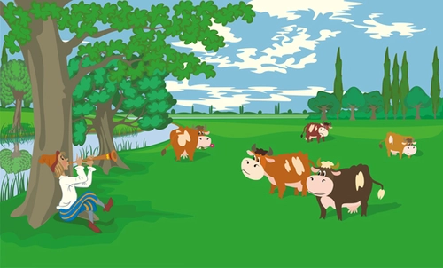 детские, поляна, лужайка, пастух, пастбище, коровы, корова, деревья, небо,салатовый, голубой