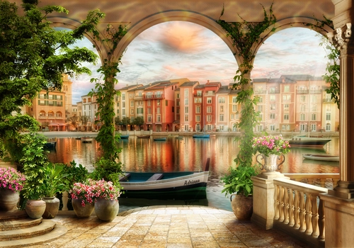 венеция, арки, дома, водный канал, лодка, растения, цветы, коричневые, зелёные