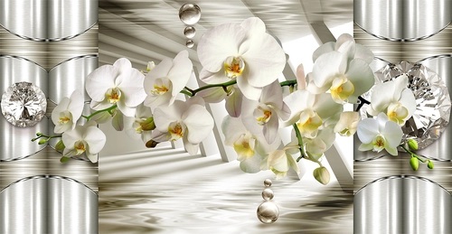 цветы, орхидеи, бриллианты, колонны, блеск, белые, серые