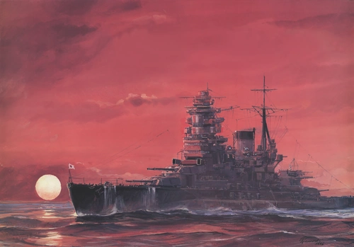 корабль, крейсер, закат, океан, картина, розовые, серые