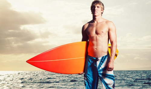 парень, сёрфинг, спорт, море, отдых, небо, доска, бежевые, оранжевые, голубые
