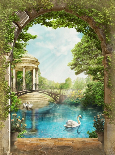 арка, парк, беседка, озеро, пруд, вода, лебедь, птицы, мост, мостик, зеленые, голубые, бежевые
