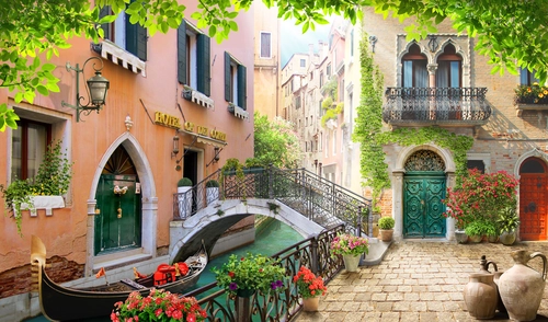 гондола, канал, город, улица, венеция, коричневые, бежевые, цветы, зеленые, HD