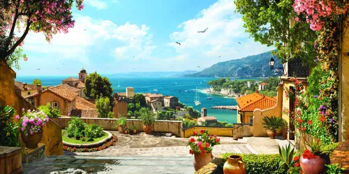 горы, город, эксклюзивные, голубые, зеленые, бежевые, средиземноморье, море, цветы, улочка, ваза, птицы