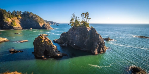 Скалы, побережье, США, Орегон, деревья, голубые, зелёные