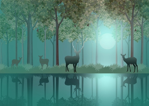 лес, ночь, олени, отражение, деревья, зеленые, HD