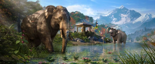 животные, слоны, природа, горы, озеро, вода, зелёные, голубые