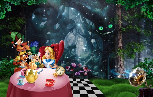 Алиса в стране чудес, сказка, детские, лес, девочка, Алиса, дремучий лес, чеширский кот, подсвечник,туман, зеленый, коричневый, стол, чаепитие