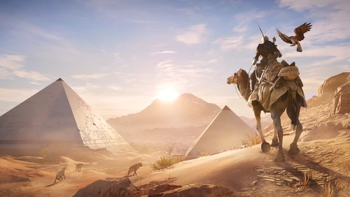 египет, пирамиды, наездник на верблюде, рассвет, голубые, бежевые, коричневые