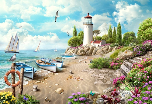 маяк, башня, причал, лодка, гавань, берег, яхта, чайка, птицы, цветы, зелень, растительность, песок, ракушки, голубые, бежевые