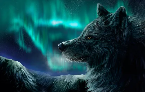 волк, северное сияние, рисунок, чёрные, зелёные