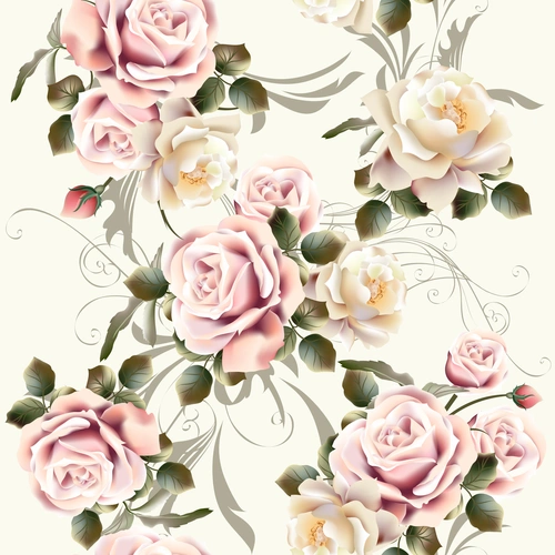 розы, цветы, листья, растительность, узор, орнамент, ретро, розовые, белые, бежевые, зеленые, светлые