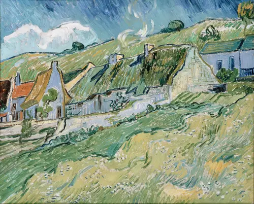 импрессинизм, картина, живопись, дом, поле, зеленые, голубые, бежевые