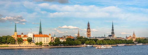 Латвия, река, панорама, Рига, набережная, голубые, оранжевые