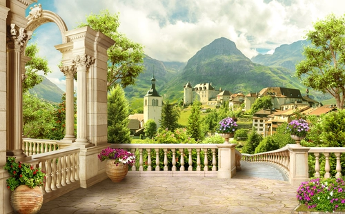 балкон, колонны, цветы, деревья, горы, здания, небо, церковь, зелёные, бежевые