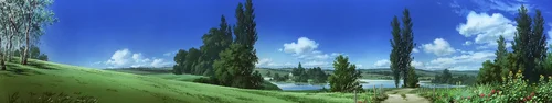небо, облака, деревья, природа, трава, поляна, озеро, голубые, зелёные, рисунок, панорама