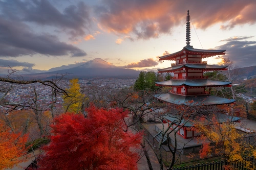 пагода, япония, природа, закат, серые, красные