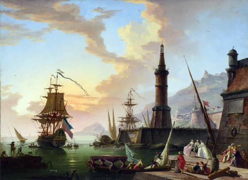 картина, порт, маяк, корабль, море, зеленые, синие, оранжевые