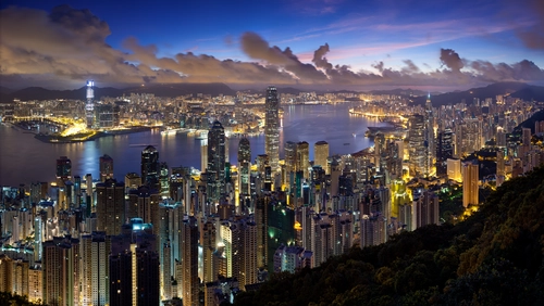 города, ночь, Гонконг, небоскребы, архитектура, река, огни, темные, фиолетовые, желтые